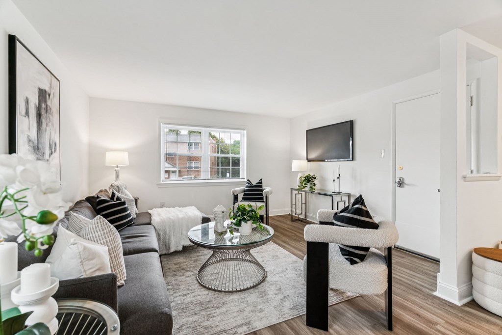 A living room with a grey couch, a coffee table, and a television.