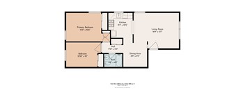 A floor plan of a house with a kitchen, living room, dining area, and two bedrooms.