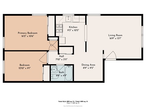 A floor plan of a house with a kitchen, living room, dining area, and two bedrooms.
