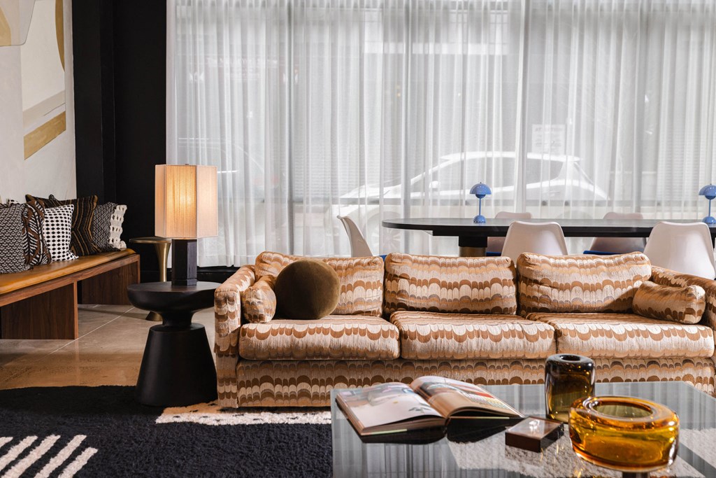 a living room with a couch and a coffee table