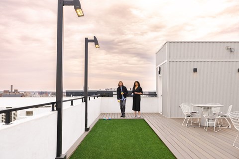 two people standing on the roof of a building with grass