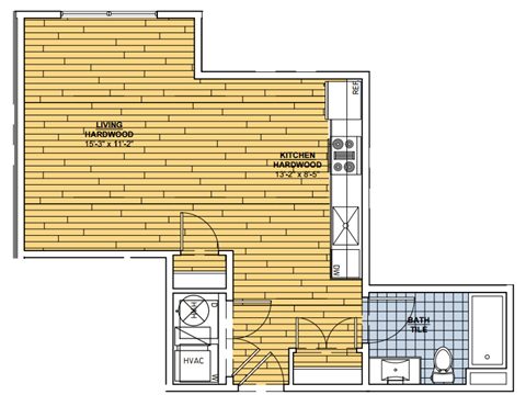 A floor plan of a house with a living room, kitchen, bathroom, and HVAC system.