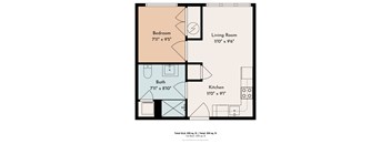 A floor plan of a small apartment with a bedroom, living room, kitchen, and bathroom.