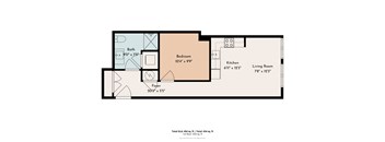 A floor plan of a living space with a kitchen, living room, bedroom, bathroom, and foyer.
