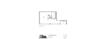 A floor plan of a studio apartment with a bathroom and balcony.