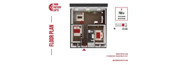 A floor plan for a 790 square foot loft with two bedrooms and one bathroom.