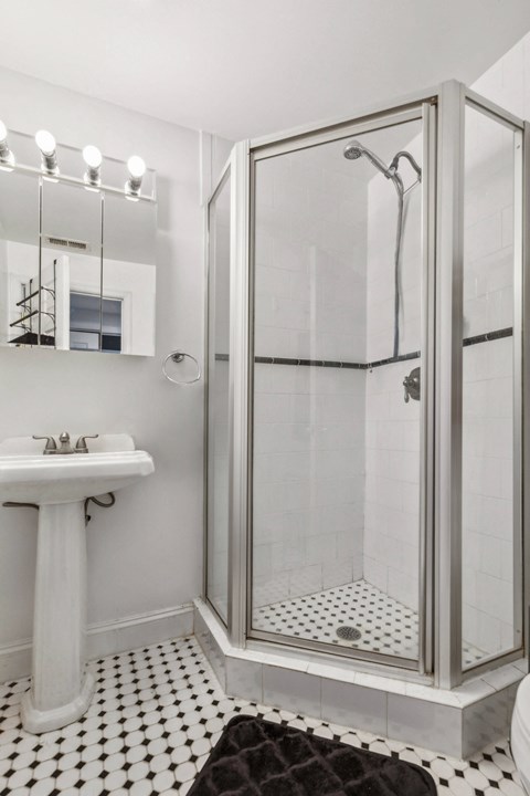 a white bathroom with a shower and a sink