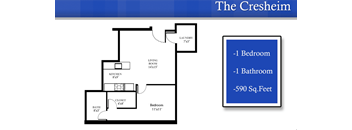 A floor plan of a property named The Cresheim showing a living room, a kitchen, a bathroom, and a bedroom.