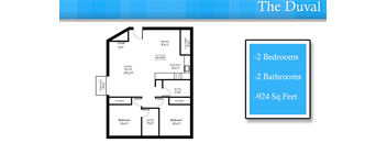 A blue and white image of a floor plan for a duplex apartment with two bedrooms and two bathrooms.
