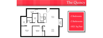 A floor plan of a house named The Quincy with two bedrooms and two bathrooms.