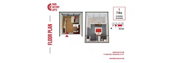 A floor plan for a 3 bedroom, 1 bathroom loft is shown.