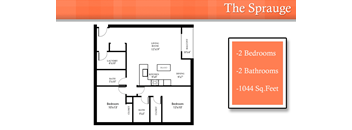 A floor plan for a property called The Sprauge shows two bedrooms and two bathrooms.
