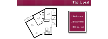 A floor plan of a property named The Upsal showing two bedrooms and two bathrooms with a total area of 1076 square feet.