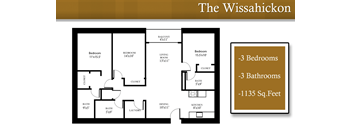 A floor plan of a Wissahickon apartment with 3 bedrooms and 2 bathrooms.