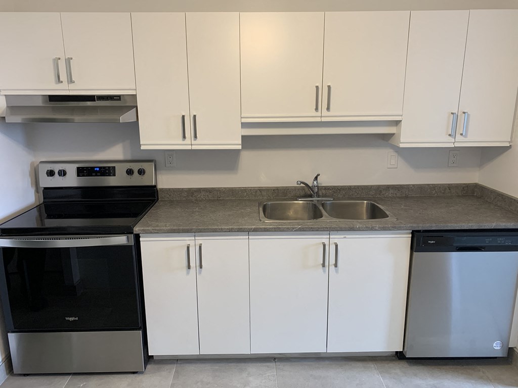 a kitchen with white cabinets and stainless steel appliances and a sink