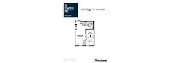 A floor plan for a one bedroom apartment with a den is shown.