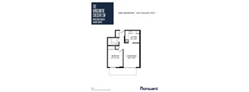 A floor plan for a one bedroom apartment at Kingsmere Cresent SW in Calgary, Alberta.