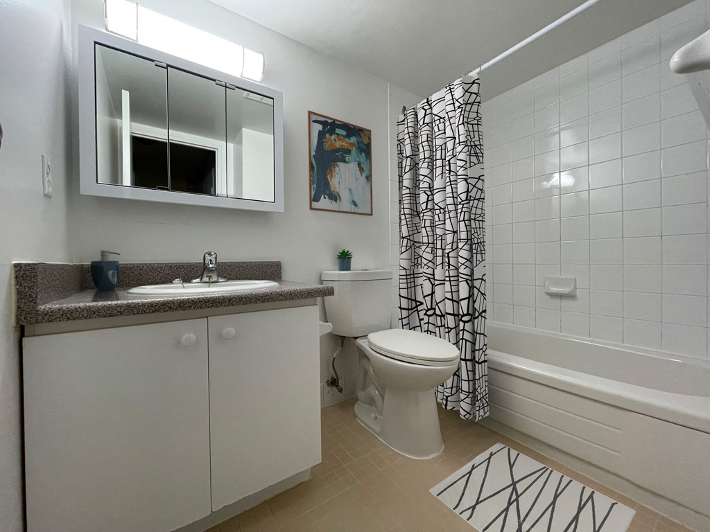 a bathroom with a toilet sink and tub and a shower curtain