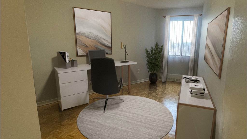 a home office with a desk and a chair