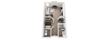 A top down view of a small apartment with a kitchen, living room, and bathroom.
