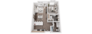 A floor plan of a small apartment with a kitchen, living room, and bathroom.