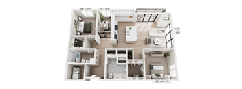 A floor plan of a two-bedroom apartment with a living room, kitchen, and bathrooms.