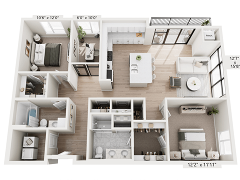 A floor plan of a two-bedroom apartment with a living room, kitchen, and bathrooms.