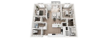 A 3D floor plan of a small apartment with a living room, kitchen, and bathroom.