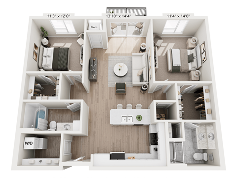 A 3D floor plan of a small apartment with a living room, kitchen, and bathroom.