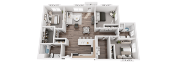A detailed 3D floor plan of a house layout.