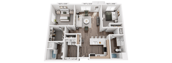 A floor plan of a two-bedroom apartment with dimensions.