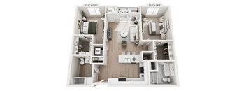A floor plan of a two-bedroom apartment with a living room, kitchen, and bathroom.