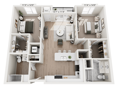 A floor plan of a two-bedroom apartment with a living room, kitchen, and bathroom.