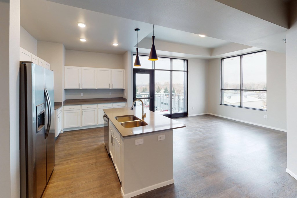 Kitchen And Living at First Street Lofts in Downtown Bismarck, Bismarck, ND
