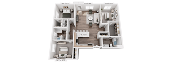 A detailed 3D floor plan of a small apartment layout.