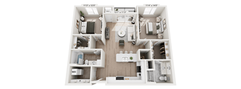 A floor plan of a two-bedroom apartment with a living room, kitchen, and bathroom.