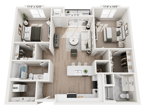 A floor plan of a two-bedroom apartment with a living room, kitchen, and bathroom.