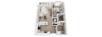 A floor plan of a small apartment with a kitchen, living room, and bedroom.