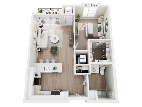 A floor plan of a small apartment with a kitchen, living room, and bedroom.