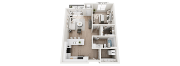A 3D floor plan of a small apartment with a kitchen, living room, and bathroom.