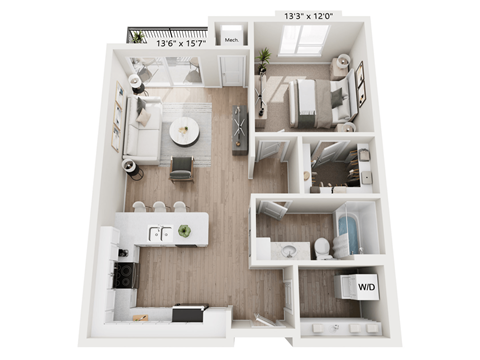 A 3D floor plan of a small apartment with a kitchen, living room, and bathroom.