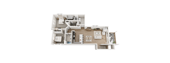 a stylized floor plan with a bedroom and a living room