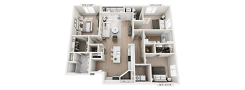 A 3D floor plan of a small apartment with a kitchen, living room, and bedrooms.