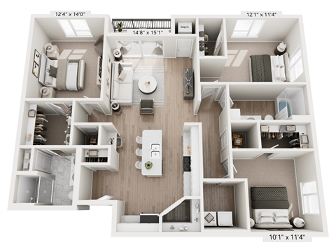 A 3D floor plan of a small apartment with a kitchen, living room, and bedrooms.