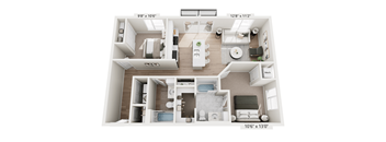 A floor plan of a small apartment with a kitchen, living room, and bathroom.