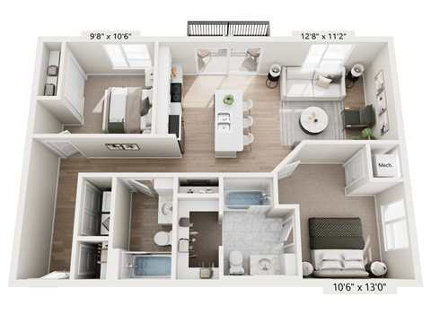 A floor plan of a small apartment with a kitchen, living room, and bathroom.