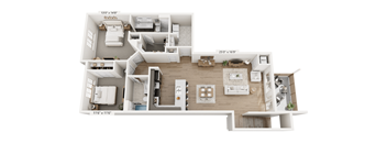 A floor plan of a house with a living room, kitchen, and two bedrooms.