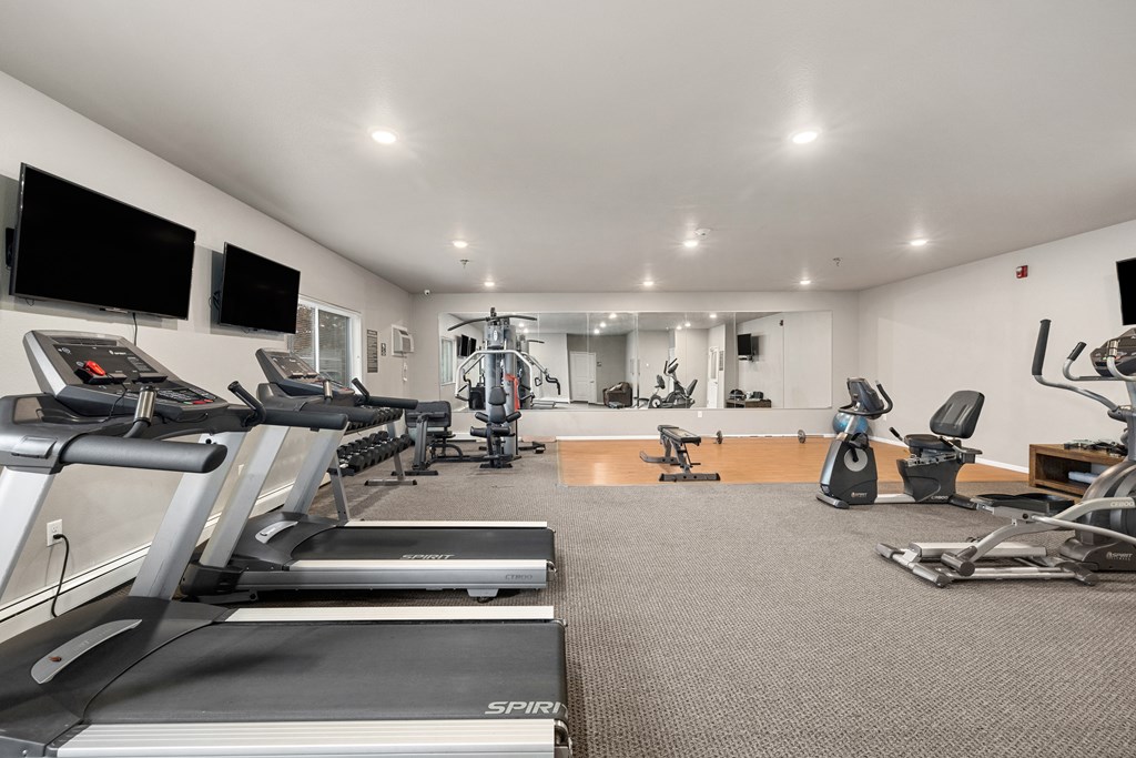 A gym with treadmills, exercise bikes, and other equipment.