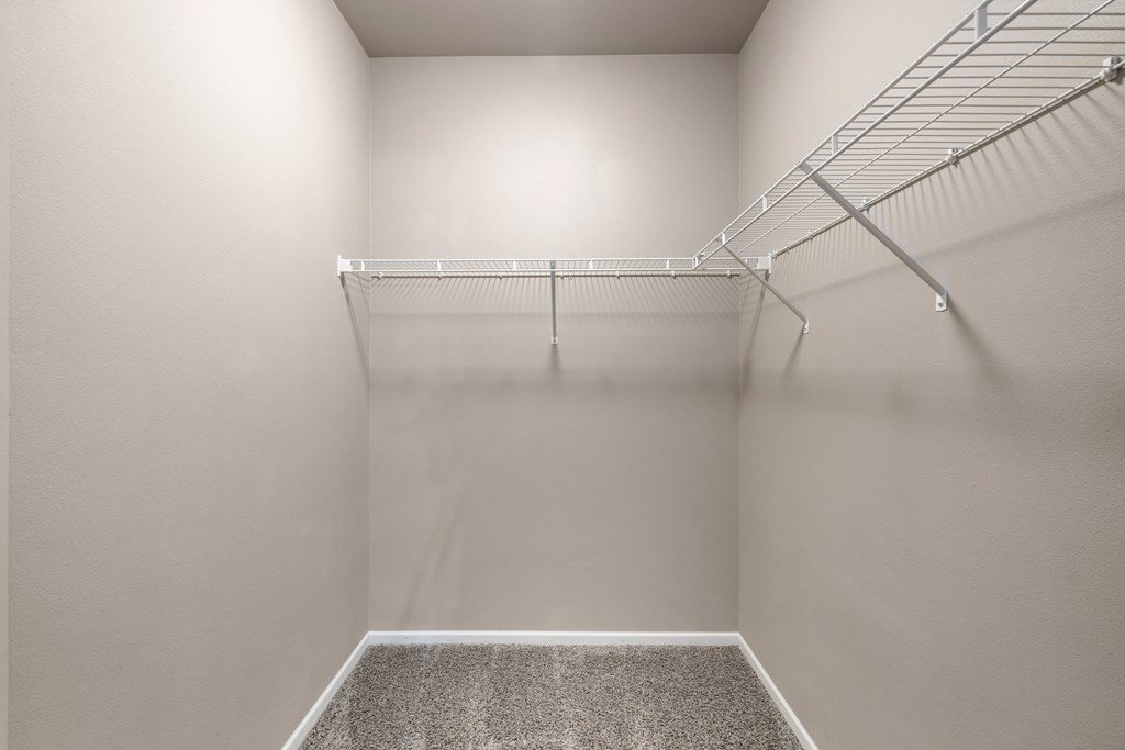 A white closet with a carpeted floor and a metal rack.