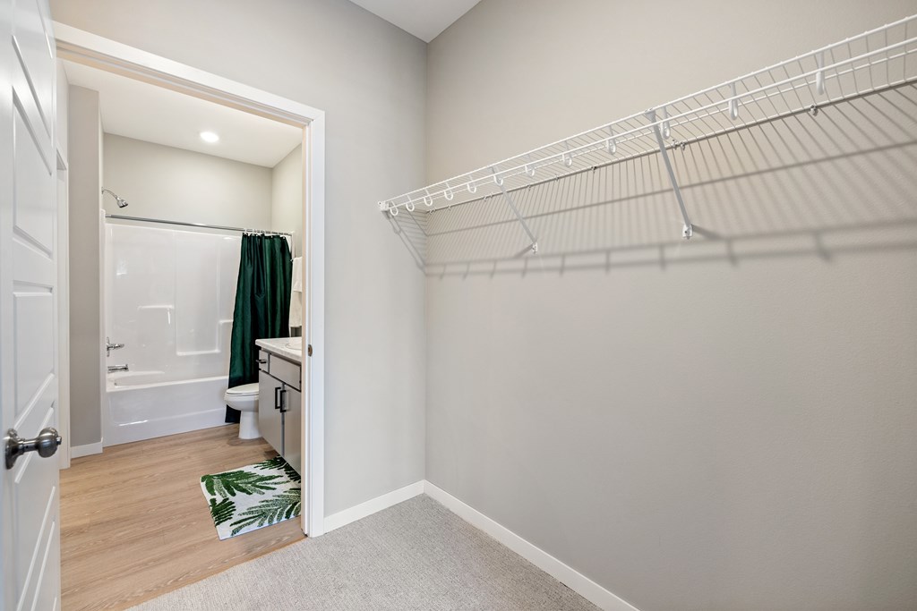 A white closet with a white shelf and a white door.